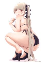 azur_lane big_ass blonde_hair classic_(zildjian33) emotionless expressionless formidable_(azur_lane) heels high_heels long_hair looking_back red_eyes scantily_clad squatting swimsuit thick_thighs twintails