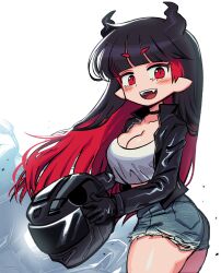 1girls black_hair breasts demon demon_girl demon_horns fangs female_only jean_shorts leather_jacket looking_at_viewer motorcycle_helmet oc original_character pointy_ears red_eyebrows red_eyes red_hair short_shirt thick_thighs