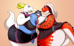 2018 anthro ass big_breasts big_butt blood bodily_fluids bottomwear breast_squish breasts chubby_anthro chubby_female claws clothing dinosaur dizzy_eyes domestic_cat dress_shirt exposed_breasts fan_character fangs felid feline felis female fur group hair hand_on_breast hi_res male mammal nipples nosebleed open_mouth overweight overweight_anthro overweight_female raised_tail reptile scales scalie shenzel shenzel_(shenzel) shirt shorts side_view slightly_chubby squish standing tail tank_top teeth theropod tongue topwear trinity_(shenzel) trio tyrannosaurid tyrannosaurus tyrannosaurus_rex