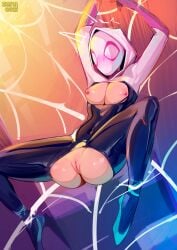 1girls absurd_res areolae armpits_through_clothes blush breasts costume female female_only gwen_stacy heavy_blush legs_apart marvel marvel_comics mask nipples pussy restrained solo spandex spandex_suit spider-gwen spider-man:_across_the_spider-verse spider-man_(series) spider_web torn_clothes zuruota