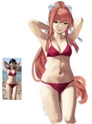 1female 1girls artist_name bikini bikini_bottom bikini_top breasts cleavage doki_doki_literature_club female green_eyes kamisato_yuu long_hair monika_(doki_doki_literature_club) red_bikini red_bikini_bottom red_bikini_top red_swimwear reference_image shaded shading swimwear thighs twitter_username white_background