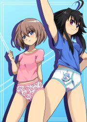 2girls black_hair blanc blue_shirt briefs brown_hair childish_panties euf-dreamer female female_only heterochromia multiple_girls neptunia_(series) pink_shirt simple_background smile smiling standing t-shirt white_heart