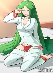 1girls assentlov breasts female female_only green_hair kid_icarus long_hair nintendo pajamas palutena solo_female