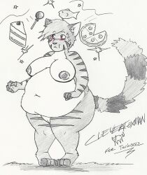 4_toes 5_fingers anthro belly big_belly blush breasts cake candy cleverfoxman dessert domestic_cat eyebrows feet felid feline felis female fingers fish food fur genitals grass hair inner_ear_fluff lollipop mammal marine multicolored_body multicolored_fur navel nipples obese obese_anthro obese_female outside overweight overweight_anthro overweight_female pizza plant pussy solo stripes tail toes tuft