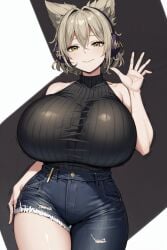 1girls ai_generated asymmetrical_legwear black_sweater breasts earmuffs hair_between_eyes huge_breasts jeans light_brown_hair looking_at_viewer pants short_hair simple_background sleeveless sleeveless_sweater smile smiling smiling_at_viewer solo solo_female solo_focus sweater torn_jeans torn_pants touhou toyosatomimi_no_miko waving waving_at_viewer yellow_eyes