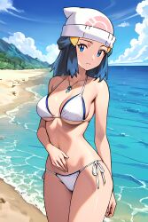 ai_generated bare_shoulders beach beanie bikini blue_eyes blue_hair blue_sky boat breasts caustics cloud cloudy_sky collarbone dawn_\(pokemon\) day female hat horizon island jewelry lake lighthous long_hair looking_at_viewer mountain mountainous_horizon navel necklace ocean outdoors pier pool poolside sand shore side-tie_bikini sky solo standing string_bikini sunlight swimsuit water watercraft waves white_bikini white_headwear