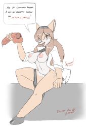 2017 5_fingers anthro black_hooves breasts brown_eyes brown_hair brown_nose chubby_anthro chubby_female clothed clothing coat copyright_symbol deer dildo doctor_doe english_text eyebrows female fingers fur hair hi_res hooves humor lab_coat mammal navel nipples open_mouth pink_nipples pink_tongue sex_toy slightly_chubby solo spazman symbol tan_body tan_fur text tongue topwear