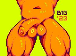 ambiguous_species anthro b1g balls big_balls big_latissimus_dorsi big_penis bright_colors close-up digital_media_(artwork) foreskin genitals glistening glistening_balls glistening_body glistening_genitalia glistening_penis half-erect latissimus_dorsi male muscular muscular_male muscular_thighs navel orange_body penis pixel_(artwork) restricted_palette simple_background slightly_chubby solo stocky thick_penis thick_thighs