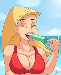 1girls bikini bikini_top blonde_hair blue_background braceface braces breasts cleavage dalley_le_alpha female female_only green_eyes long_hair popsicle red_bikini sharon_spitz solo tongue tongue_out