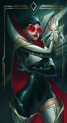 dominant_female female_only latex latex_gloves latex_suit league_of_legends lipstick looking_pleasured red-tinted_eyewear sentinel_vayne short_hair sunglasses thick_thighs thighs tinted_eyewear top_laner vaybu vayne