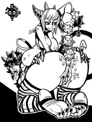 2girls anal anal_beads ass black_sclera bridal_gauntlets clitoral_stimulation demon_girl devil_tail feet female horns huge_anal_beads line_art masturbation monochrome nipple_piercing oni oni_horns piercing piercings pussy sex_toy sitting_on_back skulloar soulkarl spiked_anal_beads stirrup_legwear stirrup_thighhighs tail thighhighs tongue_out tongue_piercing top-down_bottom-up tusks yuri