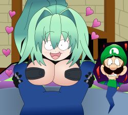 1boy 1girls assertive assertive_female big_breasts breast_press busty cleavage crossover female green_hair green_heart heart imminent_paizuri large_breasts looking_at_viewer luigi male mario_(series) neptunia_(series) nintendo ponytail pov scared smile surprised voluptuous weird_crossover