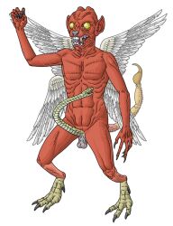 babylonian_mythology balls chimera claws deity demon erection fangs feathered_wings feathers genitals humanoid humanoid_pointy_ears living_penis male mesopotamian_mythology middle_eastern_mythology monster mythology nude pazuzu penis red_body reptile scalie snake snake_penis solo stinger talons teeth unknown_artist unusual_anatomy unusual_genitalia unusual_penis wings yellow_eyes