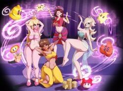 1other 4girls belly_dancer belly_dancer_outfit blonde_hair brown_hair cleavage clothing coin dakagite female fire_flower harem harem_girl harem_outfit harem_pants kategida large_breasts luma mario_(series) multiple_girls mushroom nintendo pauline princess_daisy princess_peach princess_rosalina star super_bell super_mario_3d_world super_mario_bros. super_mario_galaxy tanuki_leaf