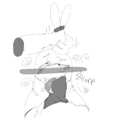 anthro blush bodily_fluids dizzy drooling duo ear_pull female genital_fluids hands_on_legs knot lagomorph leporid male male/female mammal monochrome pickles(character) pickles(pppr) pppr precum rabbit saliva sound_effects