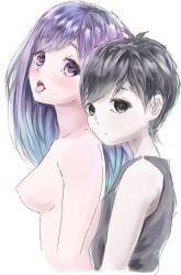 1boy 1girls blush bored breasts brother brother_and_sister female incest long_hair looking_at_viewer male mari_(omori) naked naked_female nipples nude nude_female nude_female_clothed_male older_sister omori omori_(character) purple_eyes purple_hair sister tongue tongue_out younger_brother