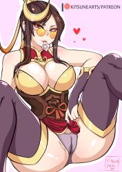 breasts condom dominant_female female_only firecracker_vayne league_of_legends looking_at_viewer looking_over_eyewear looking_over_glasses looking_over_sunglasses orange-tinted_eyewear pussy_visible_through_clothes sunglasses thigh_socks thighhighs tinted_eyewear vaybu vayne yellow-tinted_eyewear