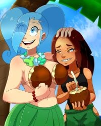 2019 blue_eyes blue_hair braces breasts brown_hair character_request cleavage coconut_bra dalley_le_alpha female female_only hair_over_one_eye hula_skirt long_hair oc one-piece_swimsuit orange_eyes original original_character original_characters terra_(dalley_le_alpha)