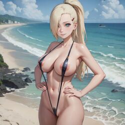 ai_generated almost_naked barely_clothed beach big_breasts boruto:_naruto_next_generations breasts erect_nipples erect_nipples_under_swimsuit huge_breasts impossible_swimsuit ino_yamanaka large_breasts long_hair mature mature_female milf mismatched_pubic_hair mostly_nude nai_diffusion naruto naruto_(series) nipples outdoors ponytail pubic_hair revealing_swimsuit seaside sling_bikini slingshot_swimsuit smile stable_diffusion standing tied_hair yamanaka_ino