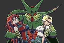 2girls android_18 android_21 android_21_(human) blonde_hair breasts brown_hair cell_(dragon_ball) closed_eyes dragon_ball dragon_ball_fighterz glasses highres hinca-p large_breasts long_hair male monster multiple_girls tagme unconscious vomi_(dragon_ball)