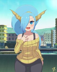 blue_eyes blue_hair breasts character_request dalley_le_alpha female hair_over_one_eye long_hair oc original original_character thighs wide_hips