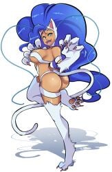 1girls ass bent_leg big_breasts blue_hair breasts capcom cat_ears cat_tail catgirl darkstalkers felicia_(darkstalkers) female female_only green_eyes large_breasts long_hair looking_at_viewer missandydandy open_mouth pawpads sharp_fingernails smiling smiling_at_viewer solo standing_on_one_leg tail thick_thighs very_high_resolution white_background