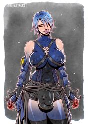 1futa alternate_version_at_source anti-aqua aqua_(kingdom_hearts) balls big_balls big_penis blue_hair breasts bulge clothed clothing fully_clothed futa_only futanari human kingdom_hearts kingdom_hearts_birth_by_sleep kingdom_hearts_iii light-skinned_futanari light_skin penis sensualstroke short_hair solo source_request standing