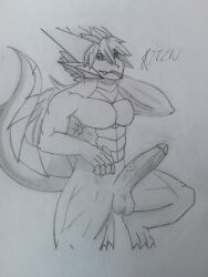 3_toes 4ll3n absurd_res anthro biped claws dragon feet finger_claws genitals hair hi_res long_hair looking_at_viewer male muscular muscular_male penis rakuo solo tail thick_thighs toe_claws toes tongue tongue_out traditional_media_(artwork) wingless_dragon