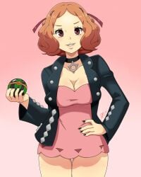 2019 atlus big_breasts brown_eyes brown_hair cleavage collar cosplay crossover_cosplay dalley_le_alpha dress dusk_ball female game_freak gradient_background hand_on_hip hand_on_own_hip haru_okumura holding_pokeball hourglass_figure leather_jacket looking_at_viewer marnie_(pokemon) marnie_(pokemon)_(cosplay) nail_polish persona persona_5 pink_background pokeball pokemon pokemon_ss smile solo thick_thighs