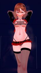 3d angry_expression arms_up atelier_(series) atelier_ryza black_belt black_jacket black_stockings black_thong black_tubetop breasts brown_eyes brown_hair checkered_jacket checkered_skirt giant_breasts hands_behind_head heart_cutout key_necklace koikatsu looking_at_viewer microskirt nipple_bulge nipple_cutout nipples nipples_visible_through_clothing pov pov_eye_contact pussy pussy_visible_through_panties red_jacket red_microskirt reisalin_stout see-through_clothing see-through_thong short_hair smirking smirking_at_viewer stockings sweating tagme thong transparent_clothing transparent_stockings transparent_top tubetop two_tone_jacket walking_towards_viewer wet wet_body