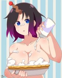 big_breasts blue_background blue_eyes breasts cleavage dalley_le_alpha elma_(dragon_maid) female female_only food miss_kobayashi's_dragon_maid pie purple_hair whipped_cream white_background