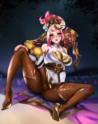 dyed_hair female_only firecracker_vayne hair_ribbon high_heels league_of_legends looking_at_viewer looking_over_eyewear looking_over_glasses looking_over_sunglasses merellyne pantyhose red-tinted_eyewear solo_female sunglasses thick_thighs thigh_boots tinted_eyewear vaybu vayne white_hair