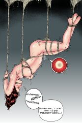 1girls bondage cum_in_pussy english_text eyes_rolling_back fuccbou gagged gagged_speech impregnation lactating lactation marvel marvel_comics mary_jane_watson nude nude_female rope_bondage solo speech_bubble sperm_meets_ovum spider-man_(series) submissive_female suspension upside-down