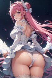 ai_generated ass ass_focus bare_shoulders blush breasts detached_sleeves dorothy_(nikke) dress female from_behind goddess_of_victory:_nikke hair_feathers hair_ornament huge_ass large_breasts long_hair looking_at_viewer looking_back panties purple_eyes shiny shiny_hair shiny_skin short_dress sideboob skirt smile solo thighhighs very_long_hair