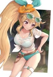 bikini blonde_hair cygames dragalia_lost elisanne female female flower_in_hair gonzarez large_breasts leg_band long_hair nintendo ponytail summer sunglasses sunglasses_on_head swimsuit thighs wet wet_clothes wet_shirt