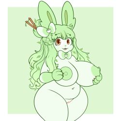 2023 :3 absurd_res anthro areola belly beverage big_breasts big_eyes breasts brown_eyes chubby cinnamon_(spice) cup_of_tea cute digital_media_(artwork) eeveelution eyelashes eyes fan_character fat_folds female front_view generation_6_pokemon genitals green-skinned_female green_areola green_eyes green_hair green_nipples green_theme hair hi_res holding_breast huge_breasts leaf light_green_hair limited_color line_art long_hair looking_at_viewer mintyspirit nintendo nipples pokemon pokemon_(species) pussy round_eyes short_stack simple_background slightly_chubby solo sylveon tea thick_thighs upper_body