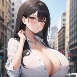 1girls ai_generated big_breasts black_hair brown_eyes buisness_suit buisness_woman busty city cleavage dark_hair female fully_clothed looking_at_viewer necklace nemus_waifu_generator office_lady pooplool sfw solo solo_female tagme