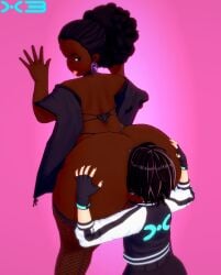 2boys aries_(x3n0n999) big_ass dark-skinned_femboy dark-skinned_male dark_hair dark_skin earrings face_in_ass femboy fishnets gay hands_on_ass koikatsu logo_on_clothes looking_back male male/male male_focus male_on_male male_only malesub nail_polish pale-skinned_male purple_eyes short_hair thick_thighs tied_hair tongue_out trap watermark x3n0n999 yaoi