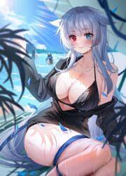 1girls big_breasts bikini blue_eyes blue_hair cat_ears cleavage final_fantasy_xiv heterochromia huge_breasts light-skinned_female long_hair original_character red_eyes tansuan