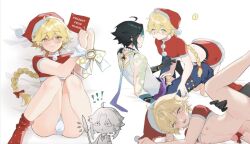 2boys aether_(genshin_impact) blonde_hair christmas_clothing christmas_outfit different_poses femboy genshin_impact long_hair_male male male_focus male_only miyuki_kii paimon_(genshin_impact) present teal_hair xiao_(genshin_impact) xmas