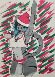 anthro bengal_cat blue_black_hair blue_eyes blue_hair christmas clothed feline furry silver_fur stretching striped stripes tail tao_lenai unknown_artist