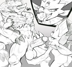 anthro canid canine claws darkluxia duo fur generation_4_pokemon generation_5_pokemon genitals hair hi_res humanoid_genitalia humanoid_penis male male/male mammal monochrome nintendo nude open_mouth oral oral_penetration penetration penis pokemon pokemon_(species) sex simple_background tongue weavile zoroark