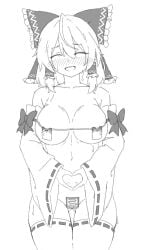 1girls 2023 bikini_top blush bow breasts closed_eyes detached_sleeves greyscale hairbow hand_heart large_breasts maebari navel open_mouth reimu_hakurei skimpy smile standing sweat tagme thighhighs thighs touhou txtxt