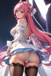 ai_generated ass ass_focus bare_shoulders blush breasts cameltoe detached_sleeves dorothy_(nikke) dress female from_behind goddess_of_victory:_nikke hair_feathers hair_ornament large_breasts long_hair looking_at_viewer looking_back panties purple_eyes shiny shiny_hair shiny_skin short_dress sideboob skirt smile solo thighhighs very_long_hair