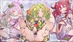 3girls blush duel_monster feet green_eyes green_hair multiple_girls pink_eyes pink_hair rancha06743732 red_hair soles toes traptrix traptrix_atypus traptrix_cularia traptrix_sera yu-gi-oh! yu-gi-oh!_card