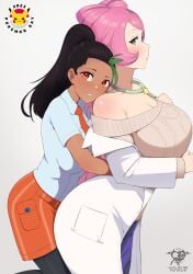 2girls age_difference artist_logo artist_name big_ass big_breasts black_hair blush breasts collarbone curvy female female_focus female_only green_eyes hug hug_from_behind kaos_art lab_coat large_breasts miriam_(pokemon) multiple_girls necktie nemona_(pokemon) nintendo orange_eyes pantyhose pink_hair pokemon pokemon_sv ponytail purple_skirt skirt smile tie white_shirt