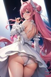 ai_generated ass ass_focus bare_shoulders blush breasts detached_sleeves dorothy_(nikke) dress female from_behind goddess_of_victory:_nikke hair_feathers hair_ornament large_breasts long_hair looking_at_viewer looking_back panties purple_eyes shiny shiny_hair shiny_skin short_dress sideboob skirt smile solo thighhighs very_long_hair