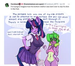 2023 anthro bottomwear clothed clothing dialogue digital_media_(artwork) dildo duo english_text equid equine eyebrows female fingers friendship_is_magic green_eyes hasbro horn looking_at_viewer mammal my_little_pony navel purple_eyes sex_toy skirt spike_(eg) spike_(mlp) straight_hair text tolsticot twilight_sparkle_(mlp) unicorn