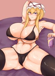 1girls abs arm_behind_head armpits artist_name bikini black_bikini black_swimsuit black_thighhighs blonde_hair blush breasts cameltoe can cleavage collarbone hat holding_can huge_breasts long_hair looking_at_viewer mob_cap muscular_female ponytail purple_eyes shiny_skin sitting solo solo_female spread_legs sweat swimsuit sync_arcs thick_thighs thigh_squish thighhighs thighs touhou twitter_username yukari_yakumo