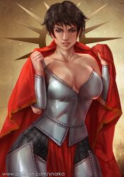 1girls 2020s 2022 armor artist_name black_hair breasts cape cleavage female female_knight female_only goddess grey_eyes iomedae knight large_breasts light-skinned_female light_skin looking_at_viewer paladin pathfinder pathfinder_wrath_of_the_righteous patreon_username red_cape scar short_hair solo url watermark wide_hips ynorka